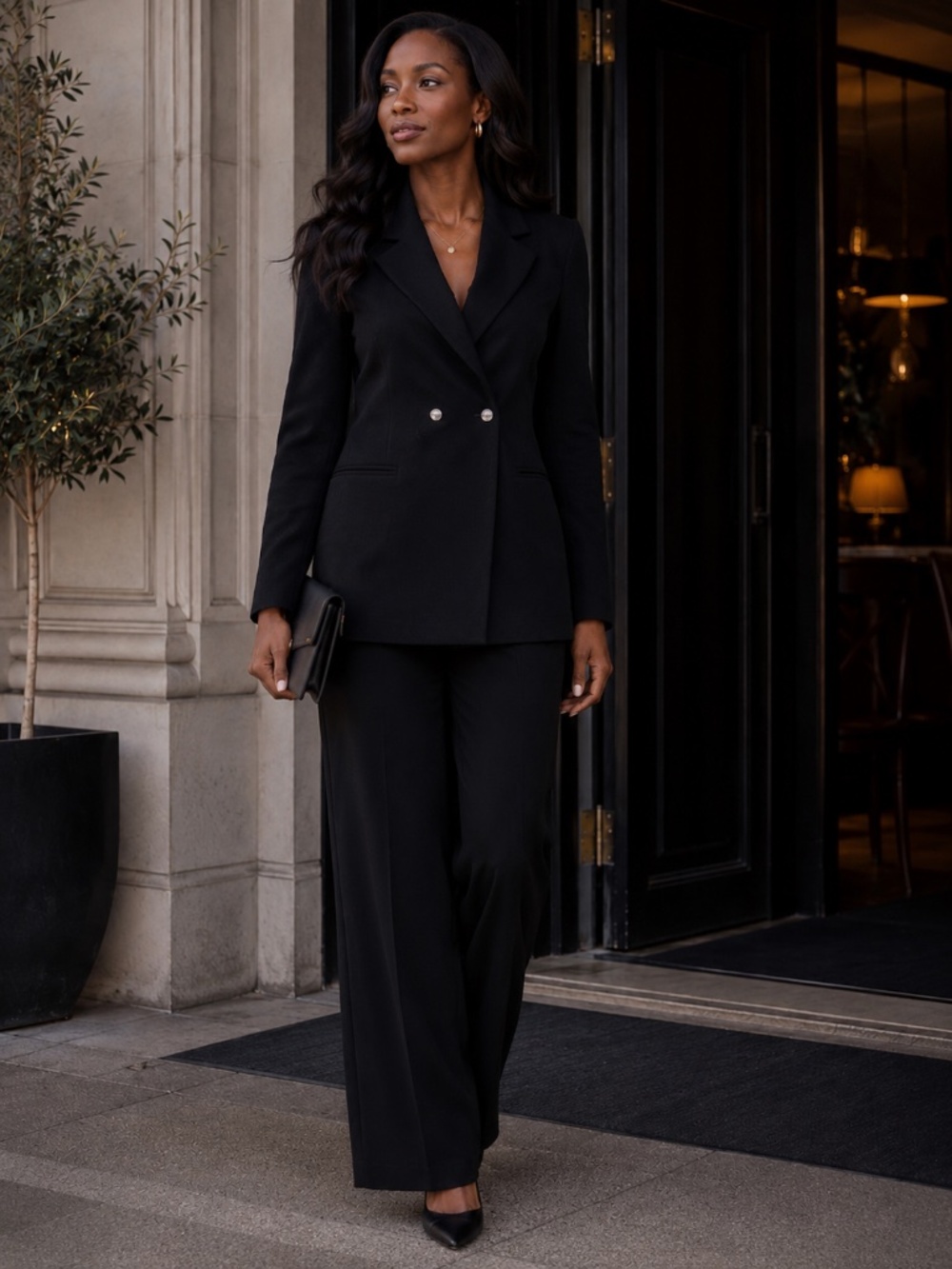 Elodie Black Double-Breasted Blazer Jacket Large Chic Career Classic